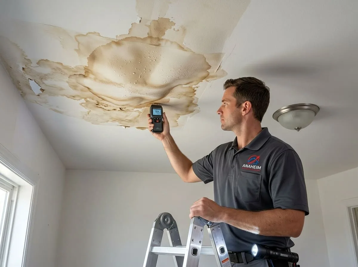 Technician on a ladder using a moisture meter to check a water-stained ceiling