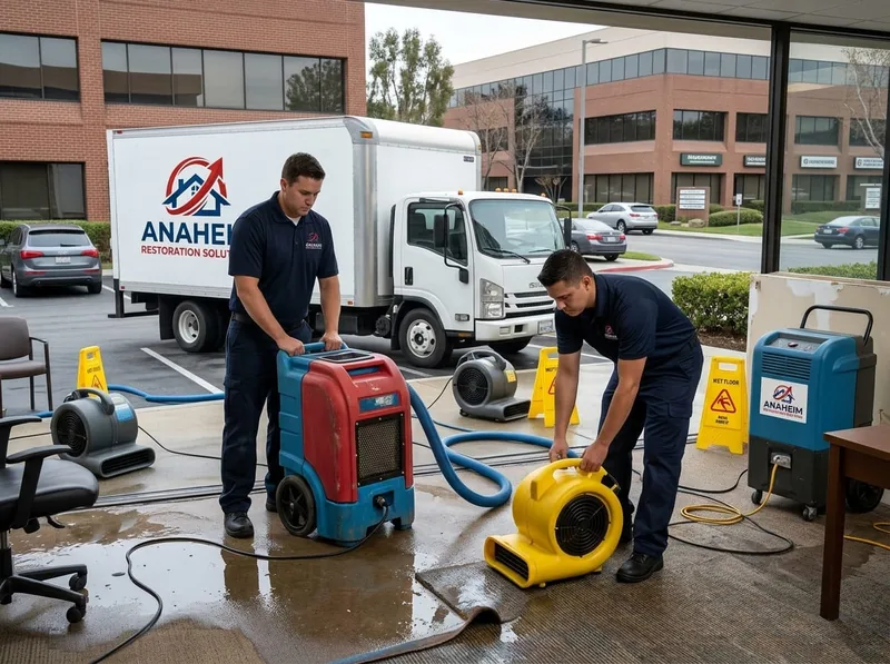 Technicians operating a water extraction unit and air movers on wet carpet inside a commercial office space