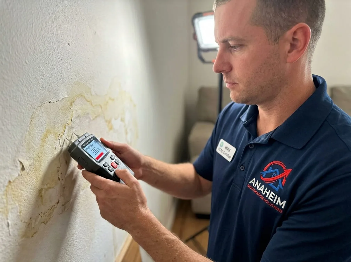 Technician holding a moisture meter with probes inserted into a water-stained wall to check for hidden moisture