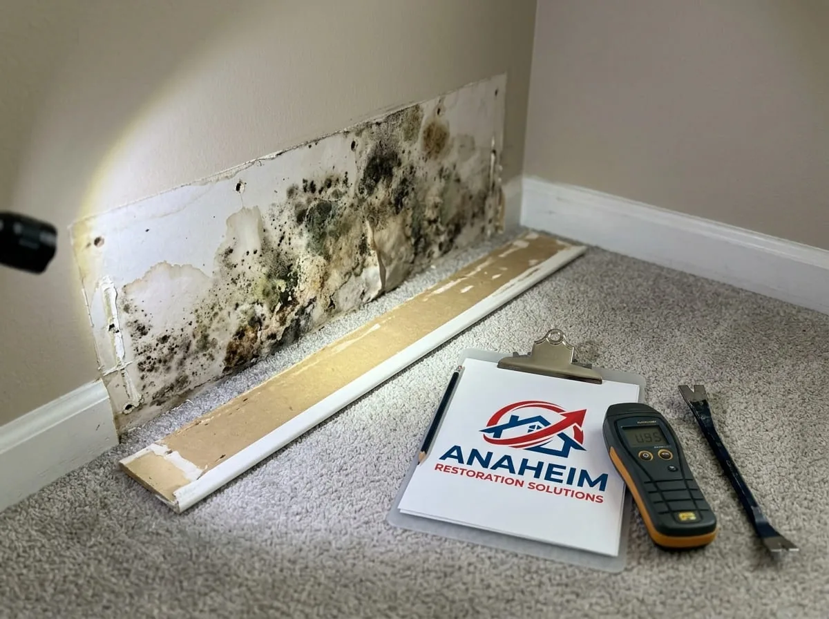 Technician pulling back damaged baseboard to inspect mold growth on drywall next to a dehumidifier