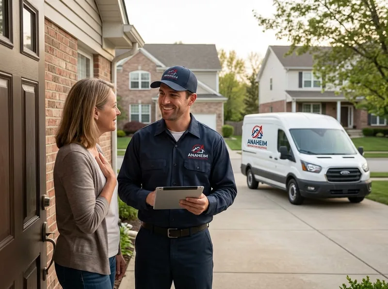 Technician with a clipboard speaking with a homeowner at her front door, service van parked in the driveway