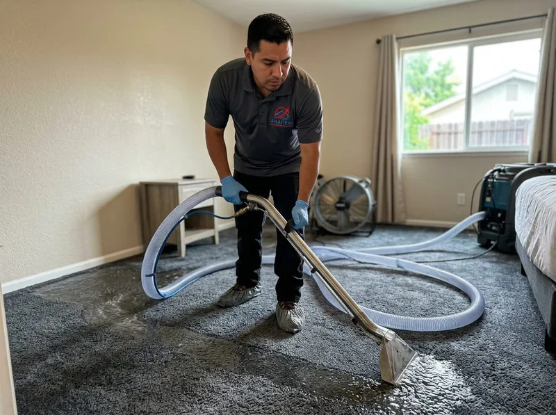 Technician in shoe covers extracting water from carpet with a wand attached to a portable extraction unit